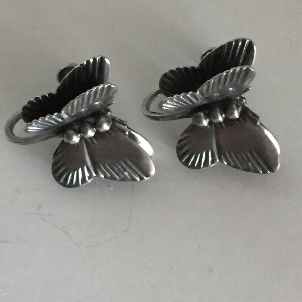 Sterling Silver 3D Butterfly Earrings Butterflies Screw Back Vintage 3/4" Wide